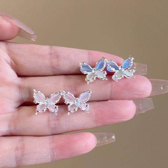 1 Pair Women Stud Earrings Double-layered 3D Butterfly Faux Opal Polished Anti-slip Ear Studs Prom Dating Party Ear Jewelry