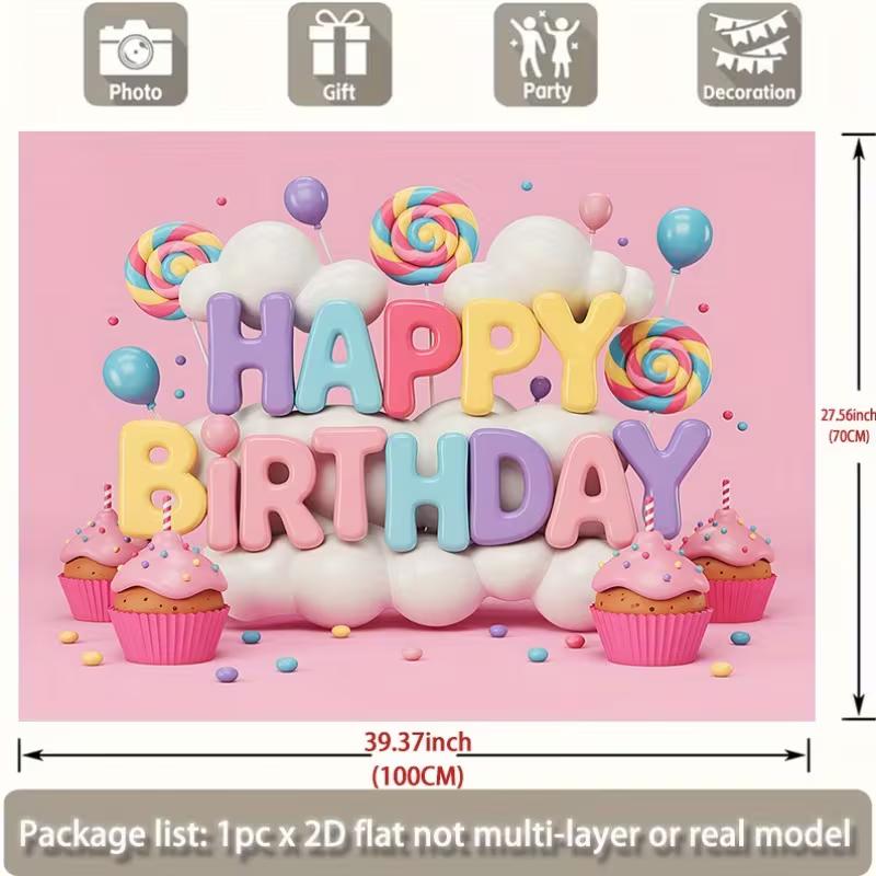 2D Flat Sweet Candy Birthday Banner Pink Background with 3D Letters, Cupcakes & Lollipops