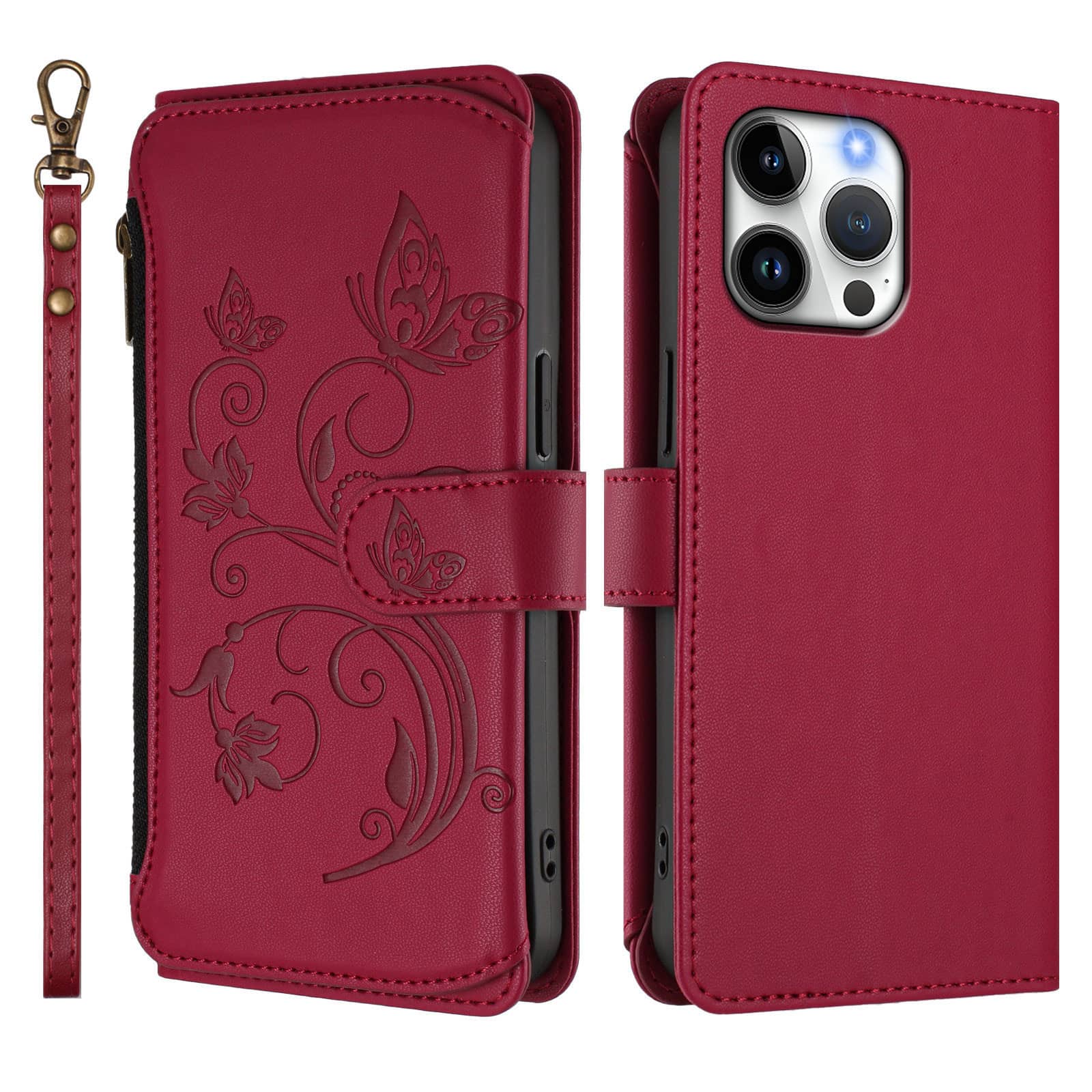 For iPhone 16e 16 15 Pro Max 16 Plus Case, Flower Wallet Flip Case with RFID Blocking, Zipper, Card Slots, Wrist Strap Cover For iPhone 15 вино красного