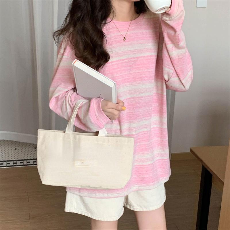 

Женские футболки в полоску с длинным рукавом в стиле Харадзюку с круглым вырезом, корейская модная футболка большого размера, повседневные весенне-осенние топы с графикой y2k, футболки, уличная одежда XL