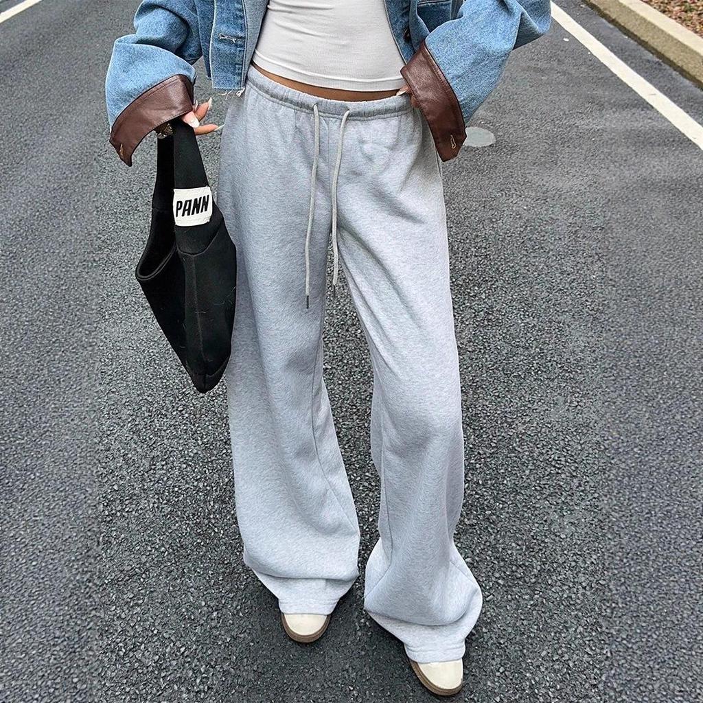 Women's Mid Low Waist Drawstring Wide Leg Sweatpants Casual Loose Straight Leg Track Pants