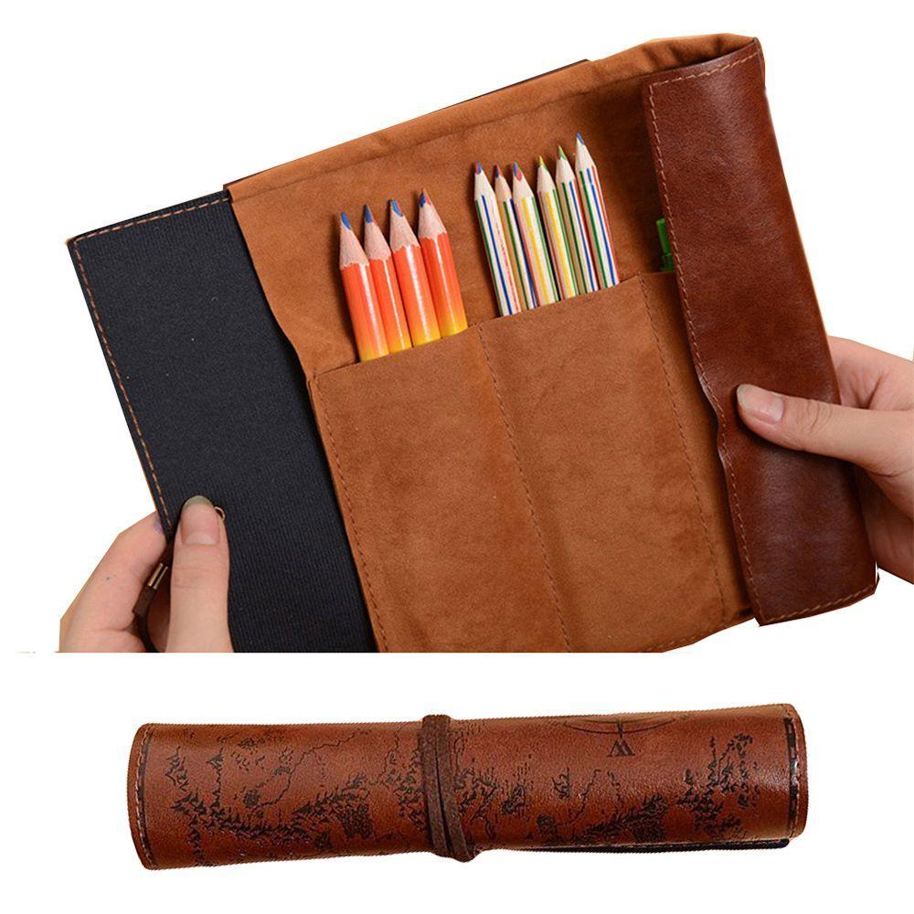 Treasure Map Roll Case Bag Purse Pouch Cosmetic Make Up PU Bag Leather Pen Pencil Case for School