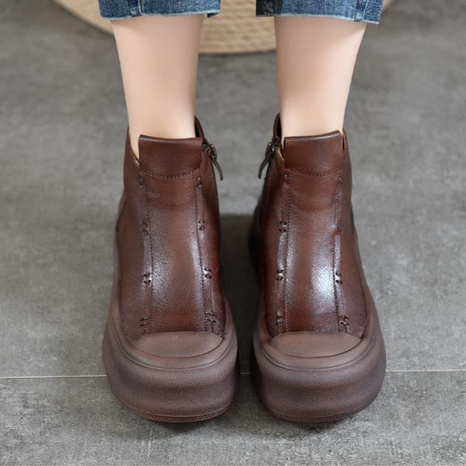 Johnature Versatile Thick Soled Genuine Leather Short Boots Side Zipper Autumn/winter Retro Women's Flat Platform Shoes