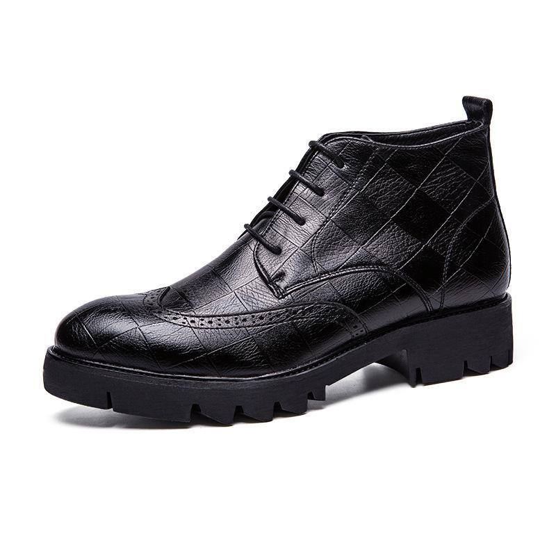 Autumn men's high-top solid color pointed leather shoes retro fashion trend lace-up cotton boots