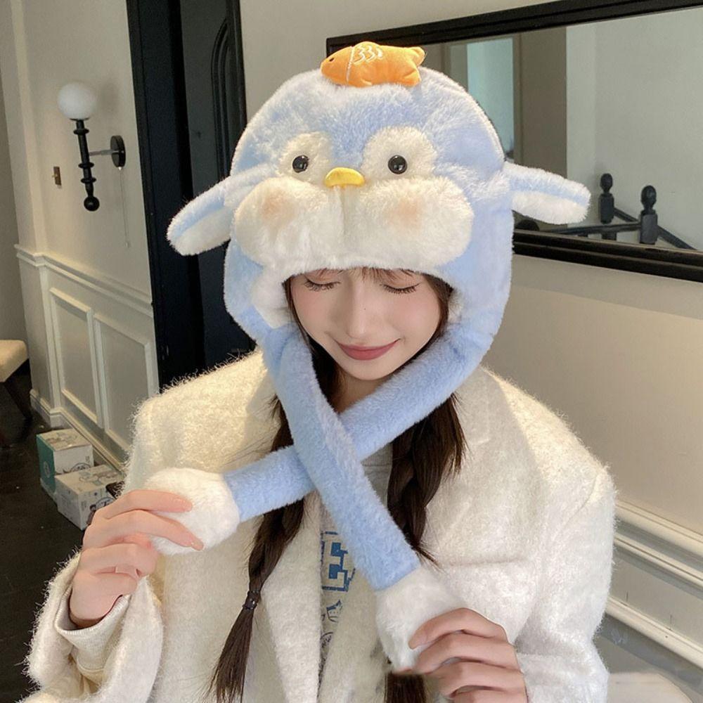 Kawaii Fluffy Pullover Hat Windproof Warm Lei Feng Cap Sweet Penguin Ear Moving Hat Girls