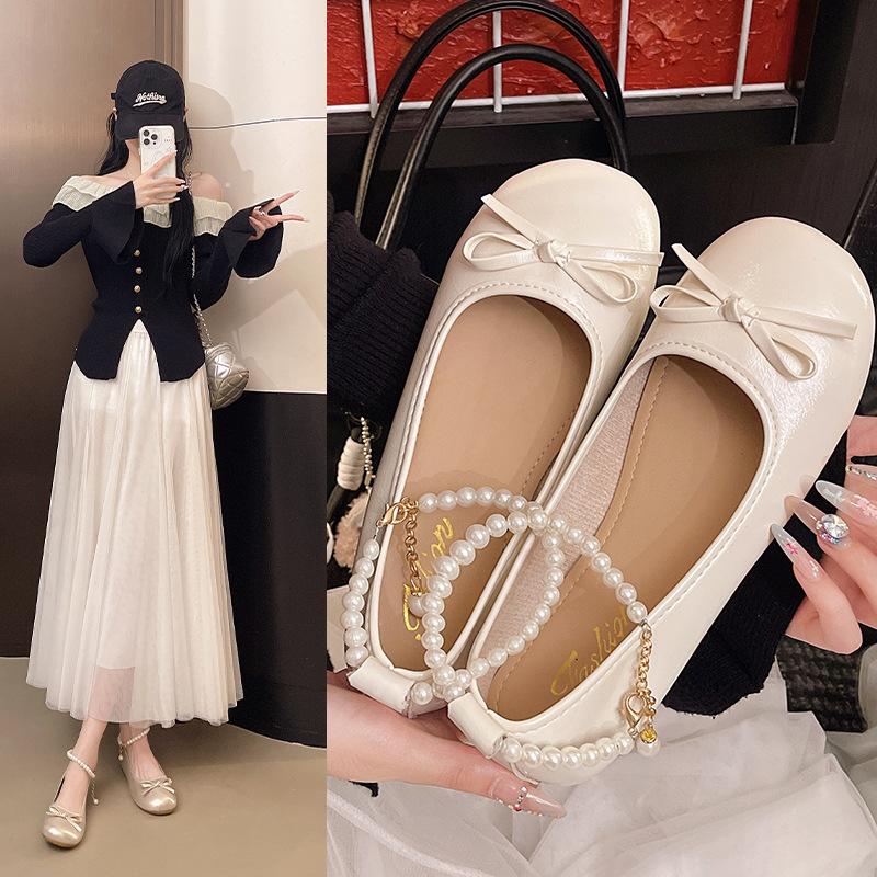 2025 summer pearl bow single shoes round head flat ballet shoes evening fairy wind Mary Jane shoes