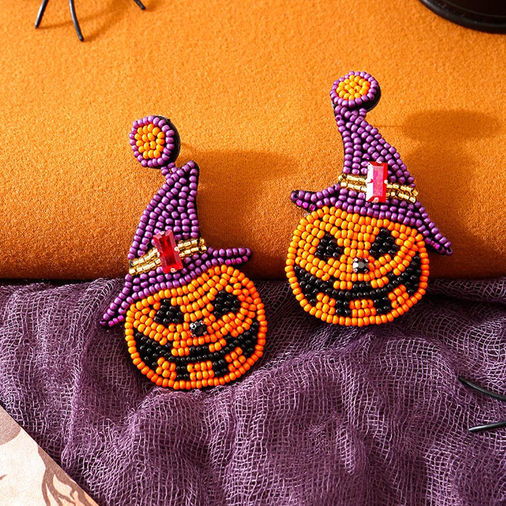 Black Cat Halloween Rice Bead Earrings Witch Cat Pumpkin Dangle Earrings  Girls Gift