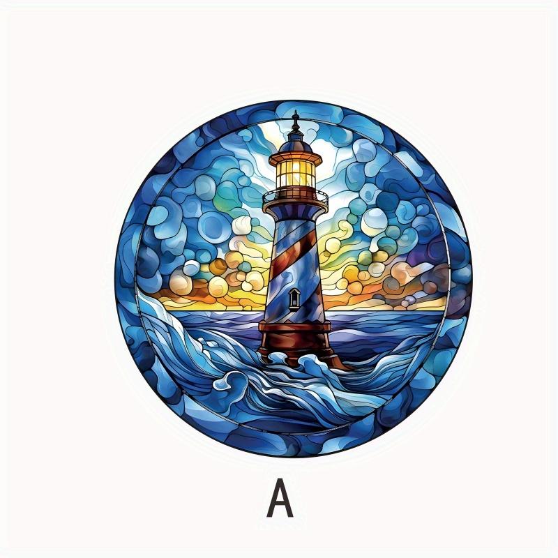 

1pc RV Home Decoration Static Cling Glass Sticker Adhesive Stained Suncatcher Window Decor, Party Decor - Lighthouse Waves#74