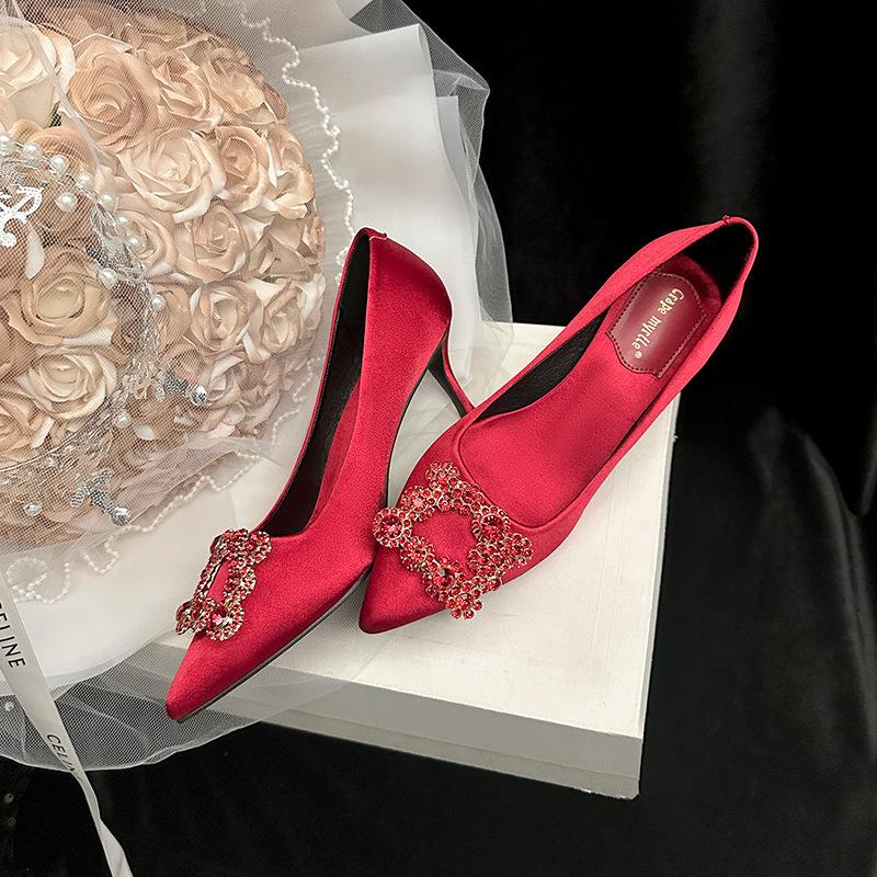 Same Style, Wedding Season~ Satin Light Mouth Square Buckle Flower Diamond Thin High Heel Pointed Single Shoes Women's Red Wedding Shoes