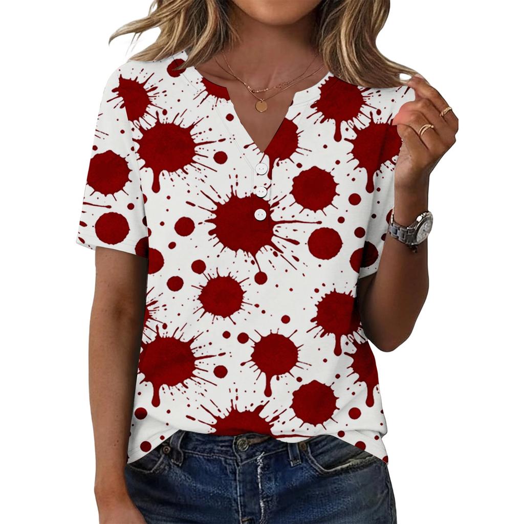 Women's Casual Short Sleeve V Neck Henley Shirt Button Front Halloween Print Lightweight Top for Everyday Wear