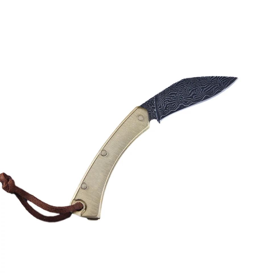 Folding Blade Knife Brass Handle High Hardness Damascus Steel Outdoor Camping Pocket Knife EDC Tools