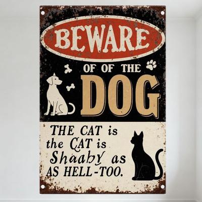 Vintage Beware of Dog and Cat Metal Sign Distressed Warning Tin Sign for Home Bar Pub Cafe Wall Decor Rustic Retro Aged Art Deco