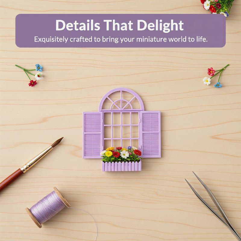 1Pcs Miniature Purple Arched Window Frame Decor 1:12 Scale Dollhouse Window With Flower Box For Diorama Scene & Photography Prop