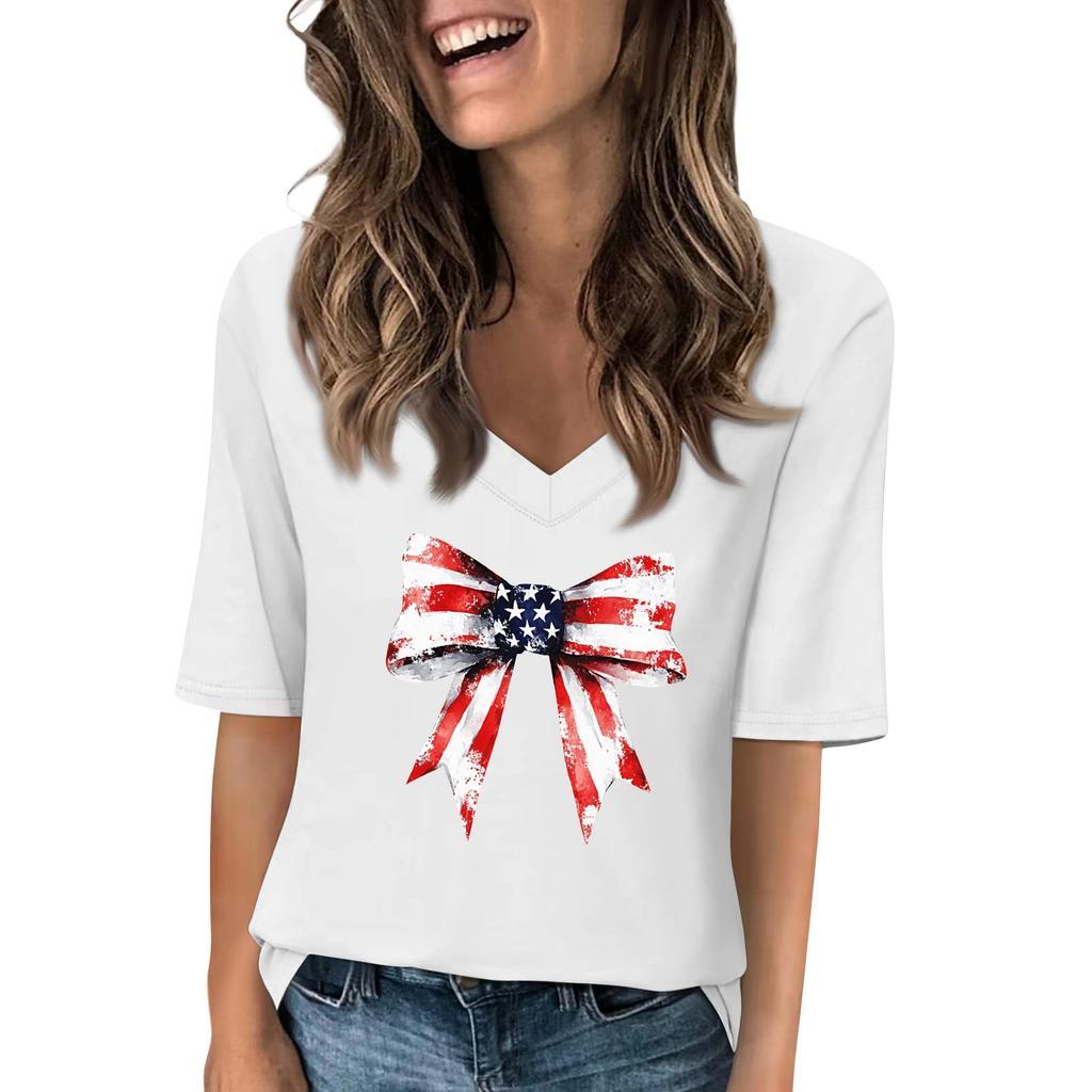 Women's V Neck T Shirts Half Sleeve Tops Printed Casual Summer Tees T Shirt Blouse