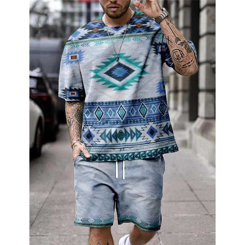 Summer Fashion Casual Men's Suit 3D Printed Sportswear Short-sleeved Suit Oversized Round Neck T-shirt Shorts 2-piece