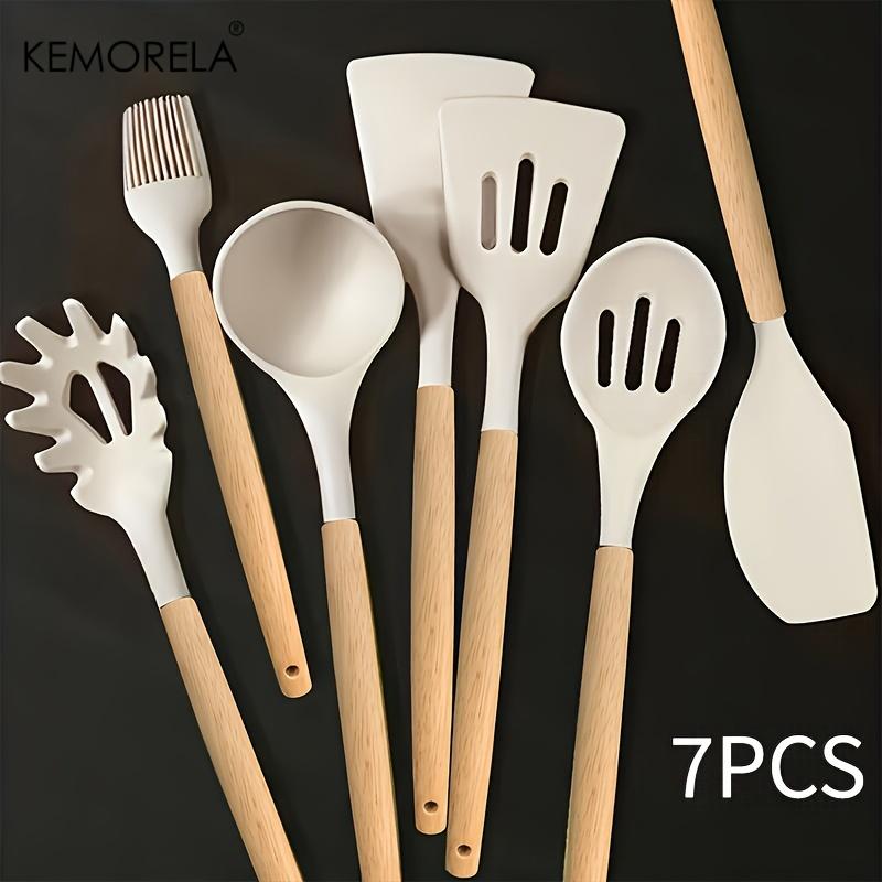 7PCS Heat-Resistant Silicone Kitchen Utensil Set with Wooden Handles - Food-Grade Cooking Tools for Cooking, Baking & Serving