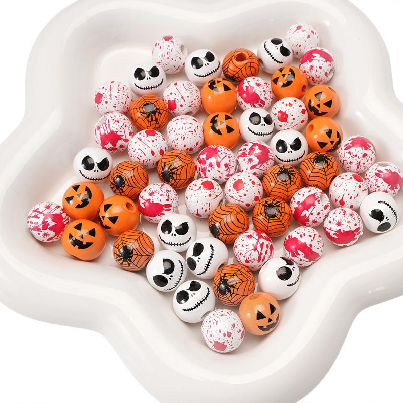 10 Stück/Los 16mm Halloween Naturholzperlen Runde Lose Kugel Abstandshalterperlen Für Schmuckherstellung DIY Feiertagsdekorationszubehör