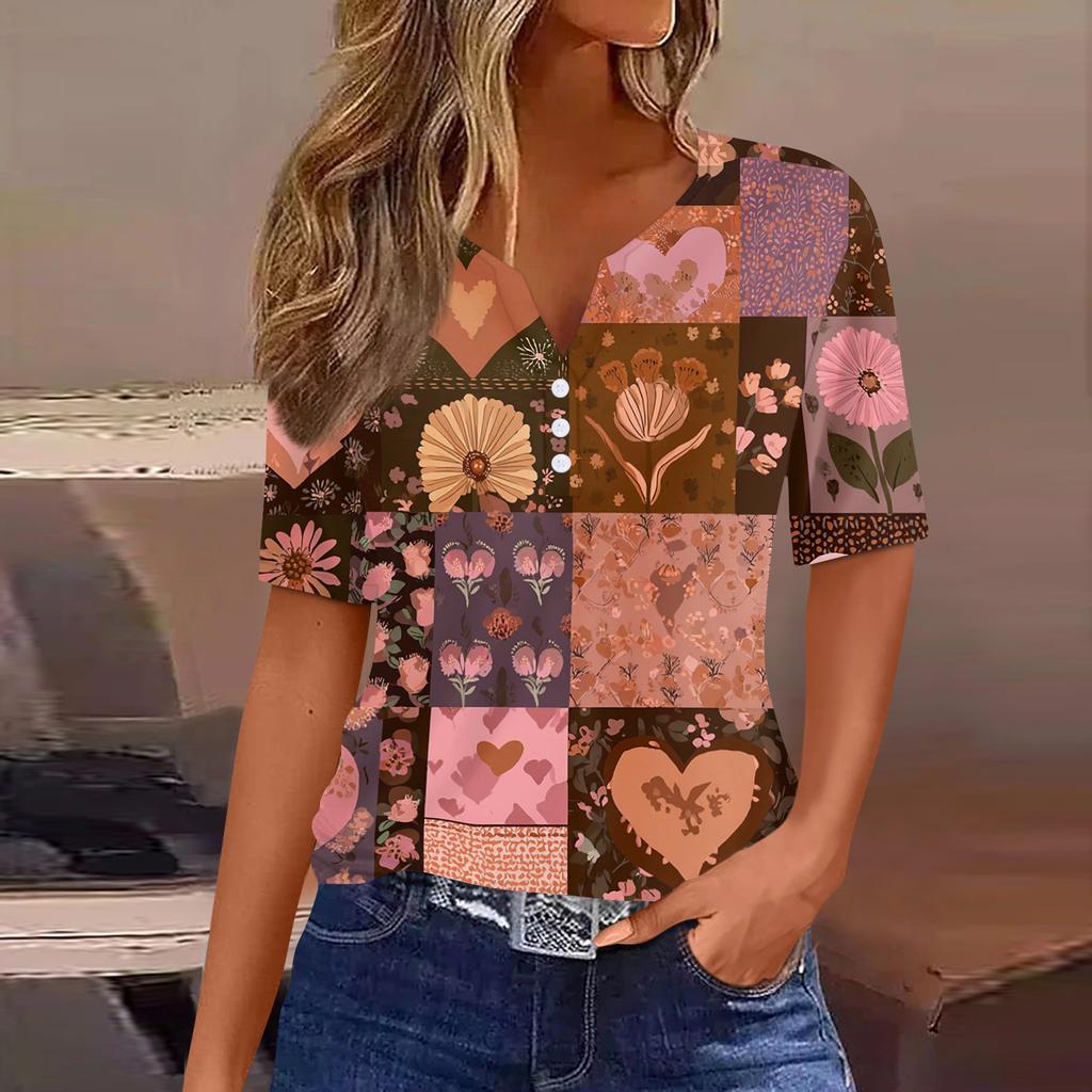 Women's Fashionable Casual Retro Print V-Neck Short Sleeve Decorative Button T-Shirt Top