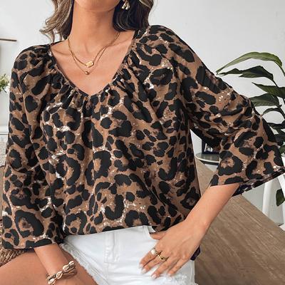 Frühlings- und Sommermode Leopardenmuster Shirts V-Ausschnitt Pullover Damenblusen & Hemden