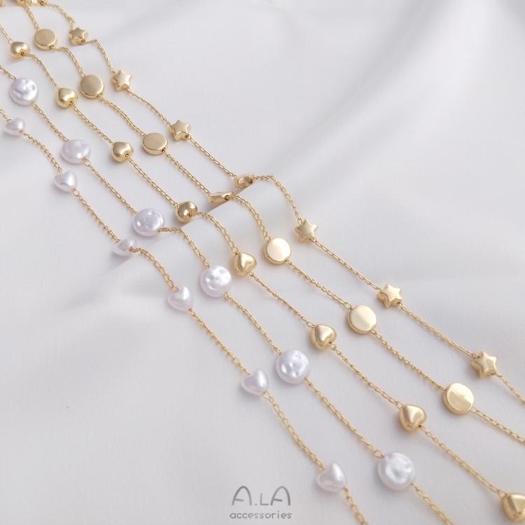 14K Gold-Filled Peach Heart Star Spacer Chain with Baroque Imitation Pearl for DIY Necklace Crafting