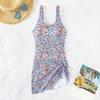 Women Swimsuit U-Neck Sleeveless Padded Swimming Dress Side Knot Irregular Hem Floral Print Monokini