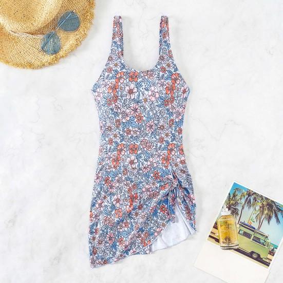 Women Swimsuit U-Neck Sleeveless Padded Swimming Dress Side Knot Irregular Hem Floral Print Monokini