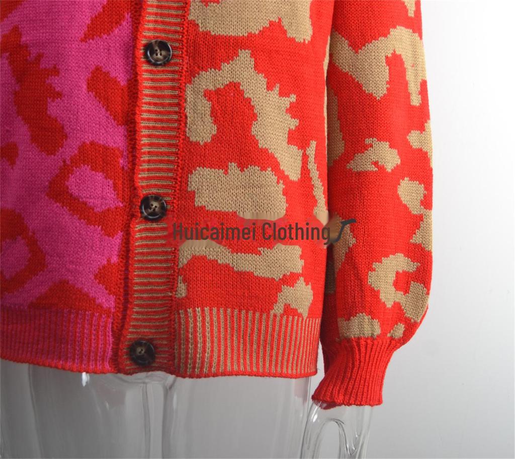 European & American Leopard Print Knitted Cardigan: Autumn/Winter, Mid-Length, Round Neck, Single-Breasted, Streetwear Style, Plus Size Sweater