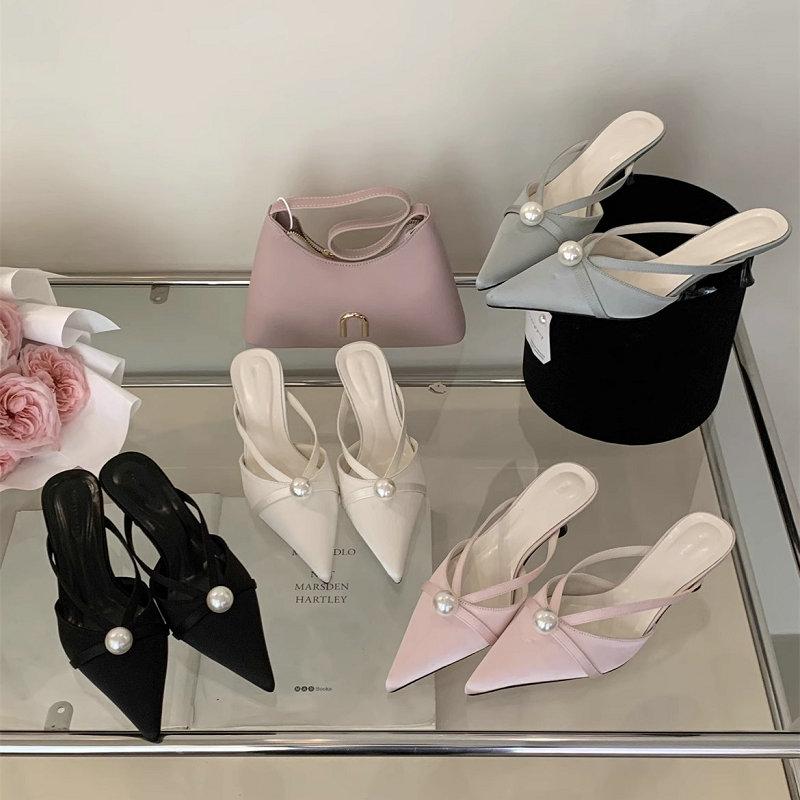 Fashion French Pointed Baotou Half Slippers Female 2025 Spring New Wear Temperament Pearl Thin Heel Soft Soled Moqin Shoes