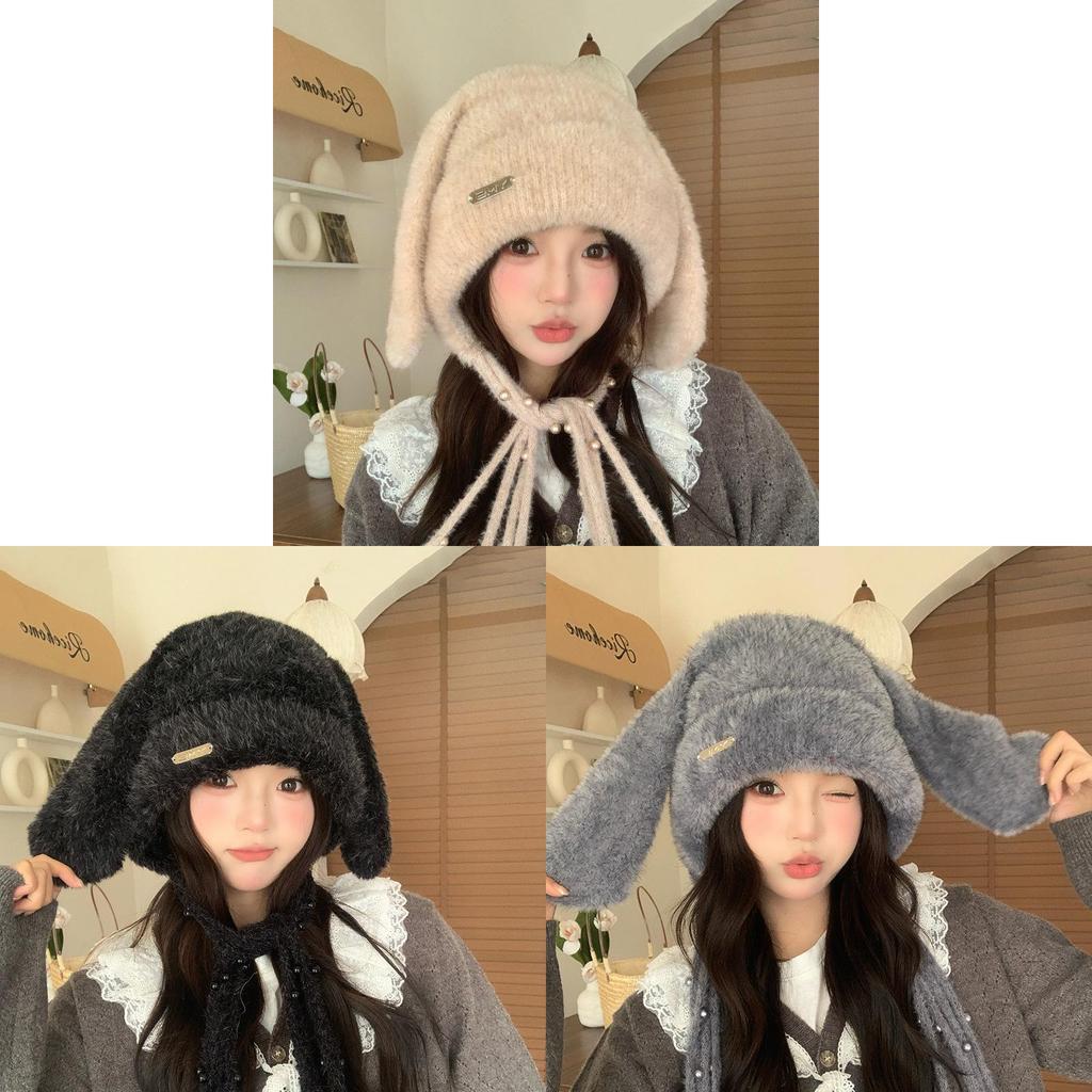 Winter Plush Bunny Ear Beanie With Knit For Girls And Kids