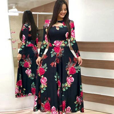 Floral Print Long Sleeve Bohemian Dress Women Spring Autumn Round Collar Hallow Out Big Swing Long Dresses