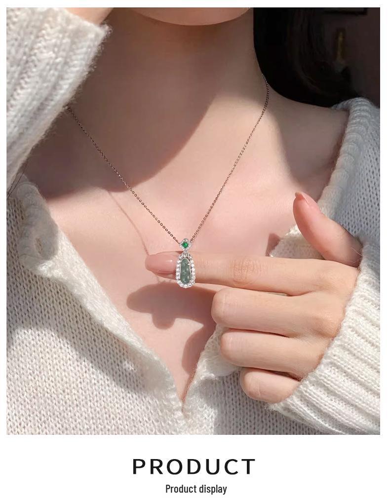 925 Sterling Silver Jade Green Four Seasons Bean Pendant Necklace for Women - Ethnic, Versatile, Fashionable, Diamond-Inlaid Ancient Style