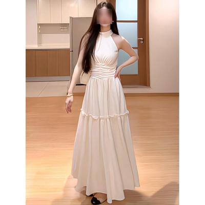 Wear a Gentle Style Temperament Muse Fan Advanced Sense Super Good-looking White Neck Dress Summer
