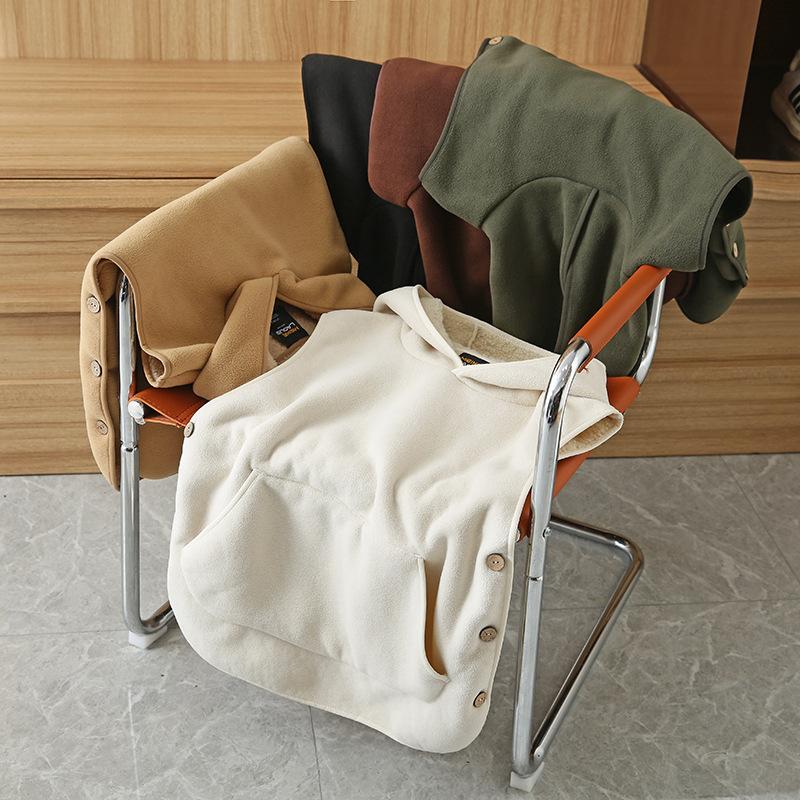 Lady Thermal Vest Women Side Button Closure Fleece Hooded Vest Solid Color Front Pocket Casual Fall Winter