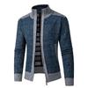 Autumn Winter New Style Men Stand Collar Color Block Outer Wear Cardigan Fleece Lined Thick Warm Knit Coat