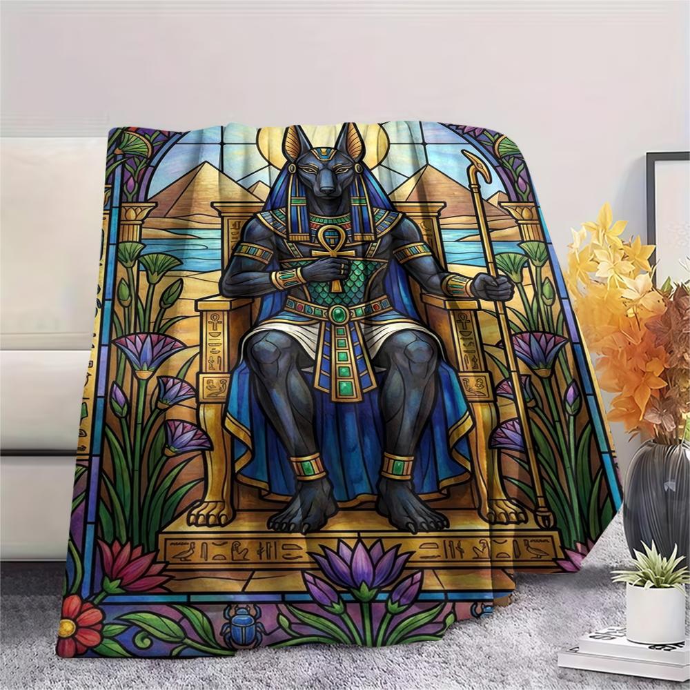 1Pc Anubis Print Flannel Blanket, High quality Comfortable for All Seasons, Home Decor, Warmth and Comfort, Perfect for Christmas Gifts W87