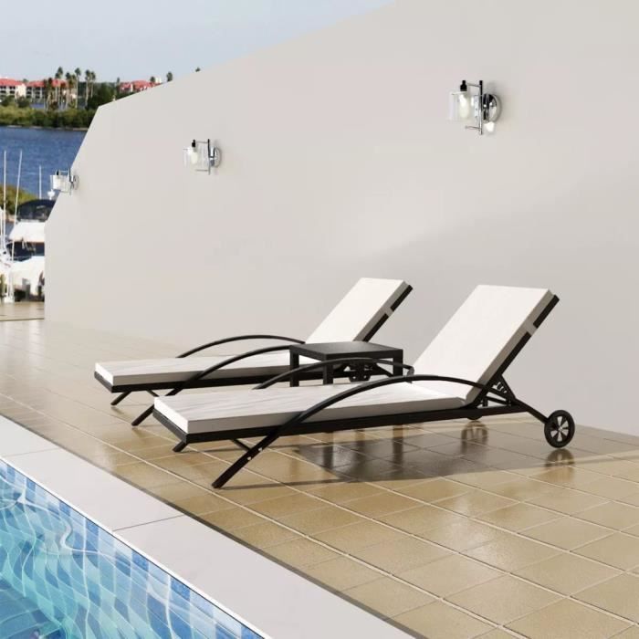 VidaXL Chaises longues avec table Résine tressée Noir