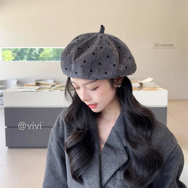 Women Vintage Polka Dot Beret Autumn Winter Versatile Pumpkin Hat