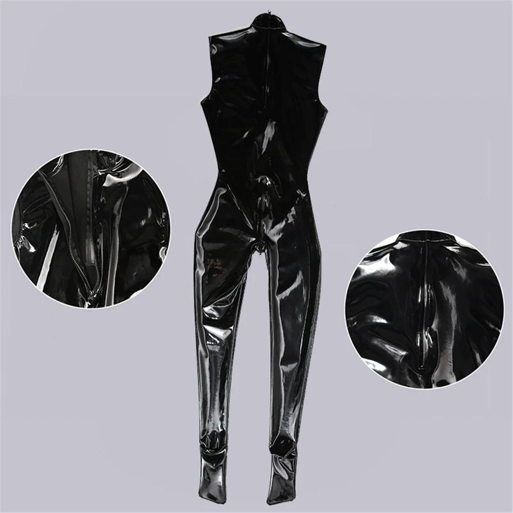 Sexy Men Elastic PU Bodysuit PVC Glossy Shiny Sleeveless Latex Men's Tights Cosplay Maid Leotard Zipper Open Crotch Stage Wear