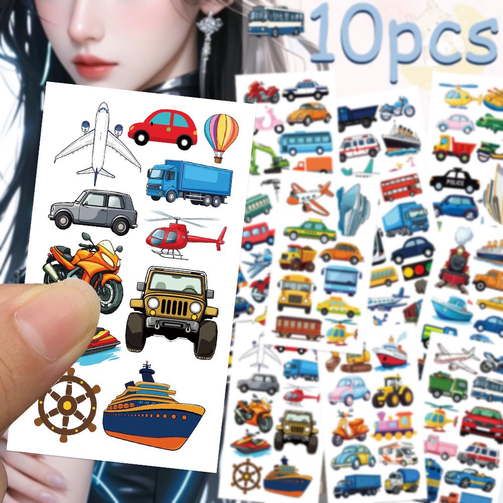 10sheets Cartoon Vehicle Car Ship Pattern Tattoo Stickers For Hand Face Body Temporary Fake Tattoo Stickers Kids Party Supplies
