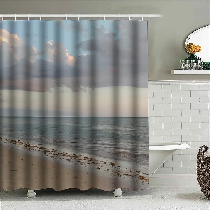 Beach Shower Curtain Waterproof Bath Mat Decor with Cloudy Sky Seaside Print for Home Decoration In Various Sizes