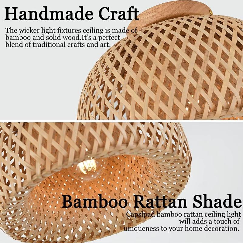 Vintage Bamboo E27 Retro Ceiling Light Hand Woven Bamboo Rattan Boho Light for Farmhouse Kitchen Island Dining Room Home Decor