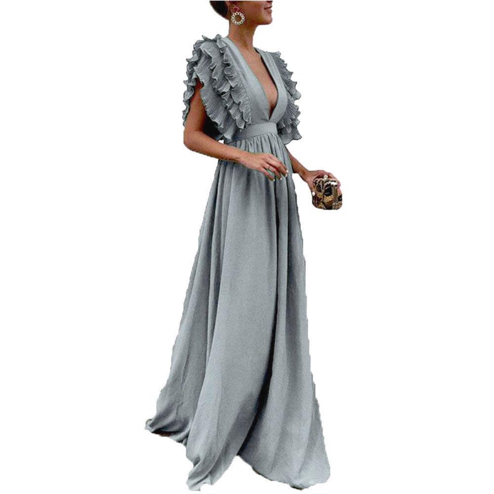 2026 European Women's Flutter Sleeve V-Neck Backless Long Dress