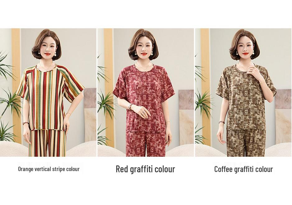 Plus Size Women's Summer Cotton Pajama Set - Short-Sleeved Homewear for Middle-Aged & Elderly