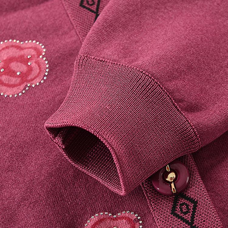 Mom Cardigan Top Female Grandma Round Neck Pattern Knitted Sweater Plus Velvet Thickened Autumn Clothes for Middle-aged and Elderly People