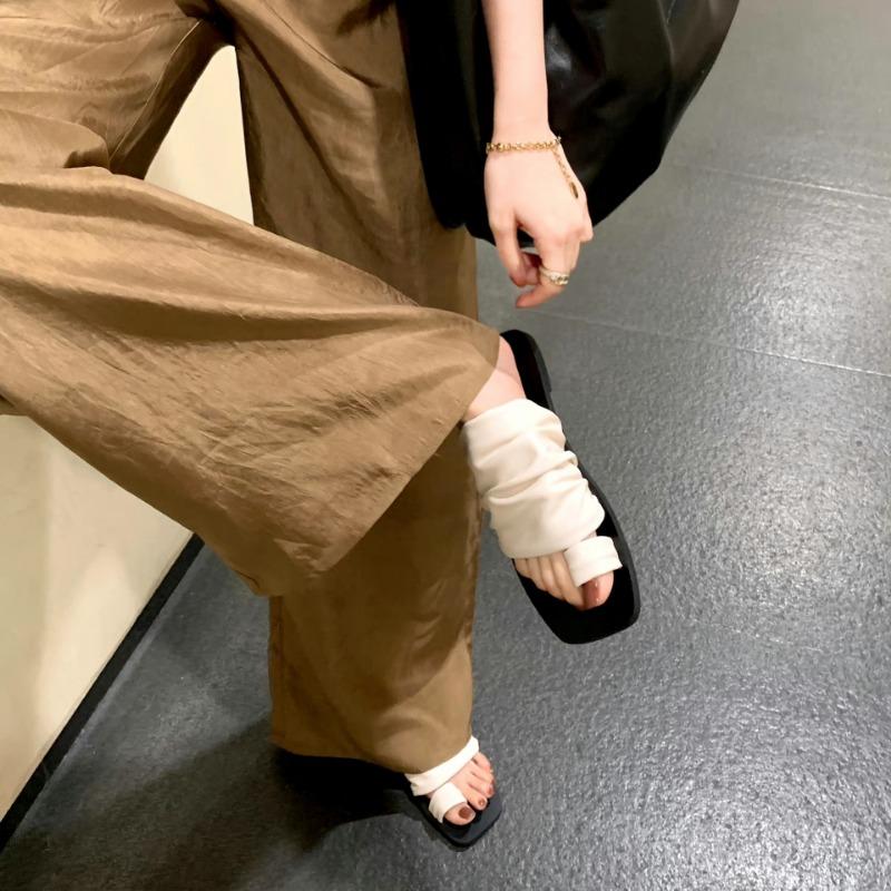 

Sheepskin version~ Design sense square head folds stacked flat bottom toe slippers women wear summer leather sandals half mop 35