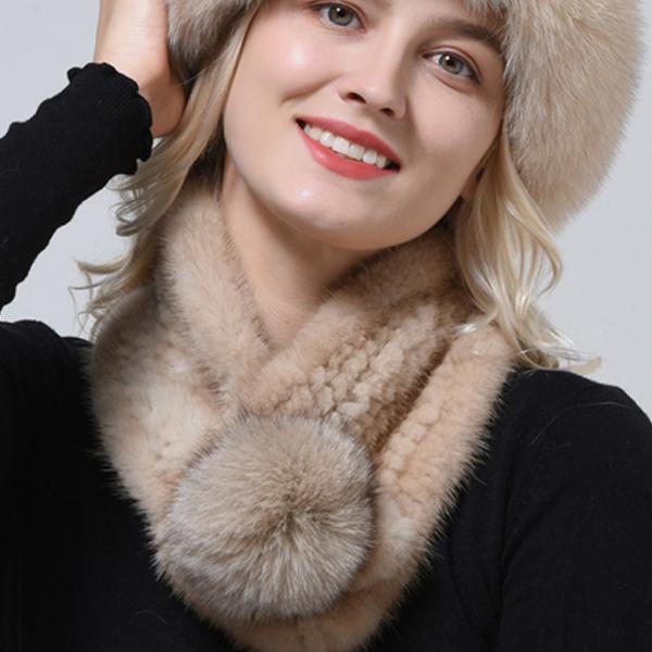 Hot Sale Rex Rabbit Fur Hats Scarf Set Elastic Knitted Winter Hat Women Genuine Warm Fur Caps Luxury Woman Fox Fur Bucket Hat