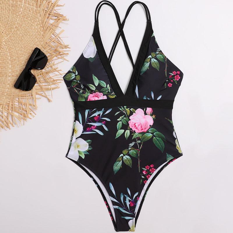 Floral Print One Piece Swimwear Deep V-Neck Women Swimsuit Cri-Cross Bathing Swimming Suit