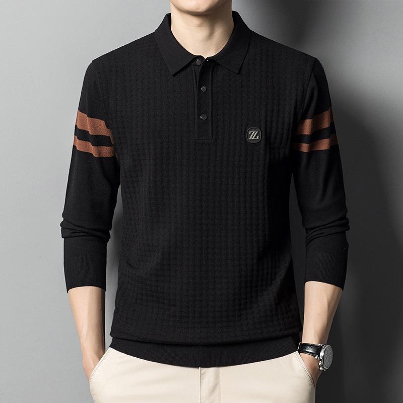 

Осенняя новая мужская футболка с длинными рукавами, трикотажная нижняя рубашка для молодежи и среднего возраста, свитер в корейском стиле с клетчатыми лацканами XXXXL