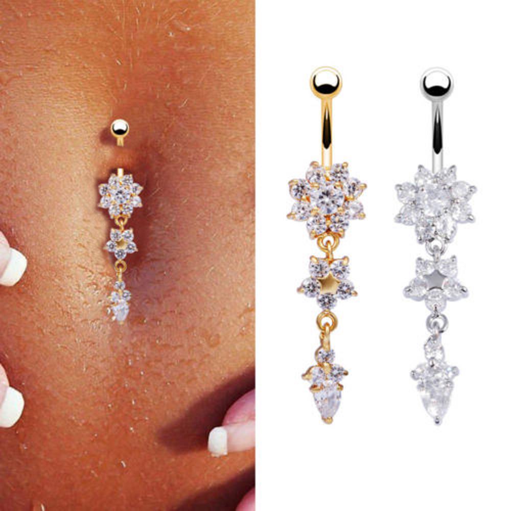 European & American Water Drop Flower Belly Button Ring with Diamond Pendant