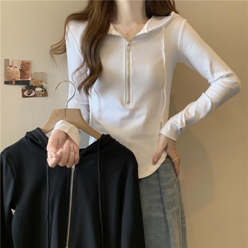 Women's Korean Style Hooded Cropped Sweatshirt, Zipper Long Sleeve, Thin Spring/Autumn 2023 Fashion.